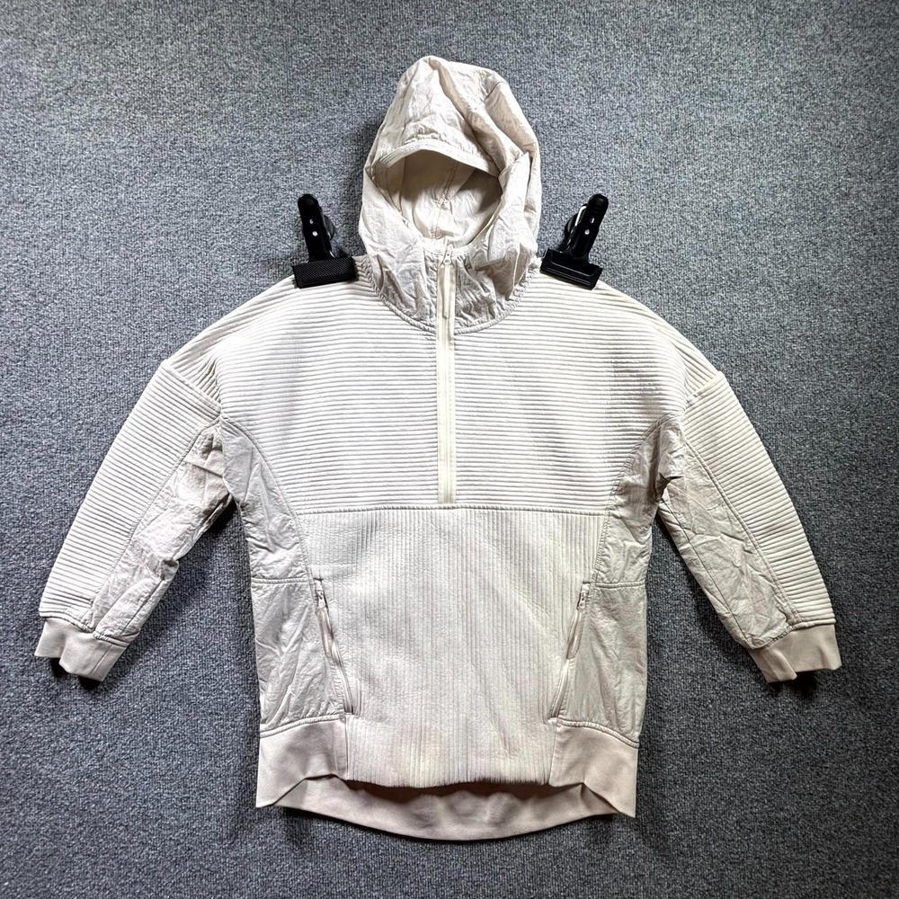 New Balance Ribbed Hoodie Men Medium Off White Logo Spellout Quarter Zip Outdoor